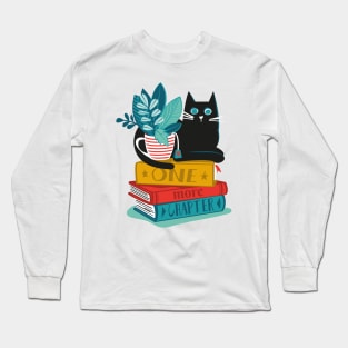 One more chapter // spot // aqua background black cat striped mug with plants red teal and yellow books with quote Long Sleeve T-Shirt